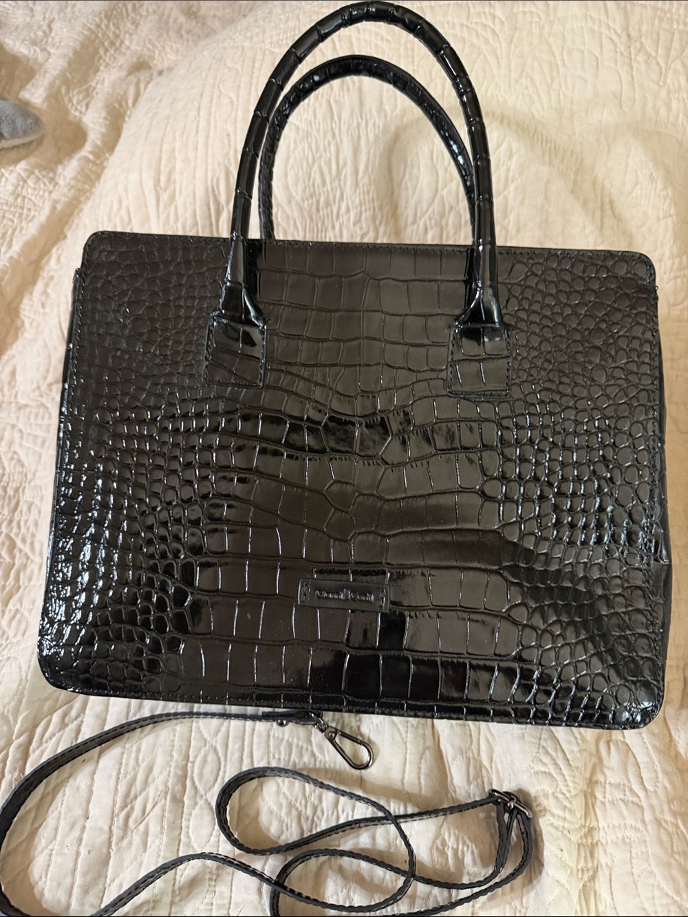 Gianni Bini Black Croc-Embossed Patent Satchel with Detachable Strap